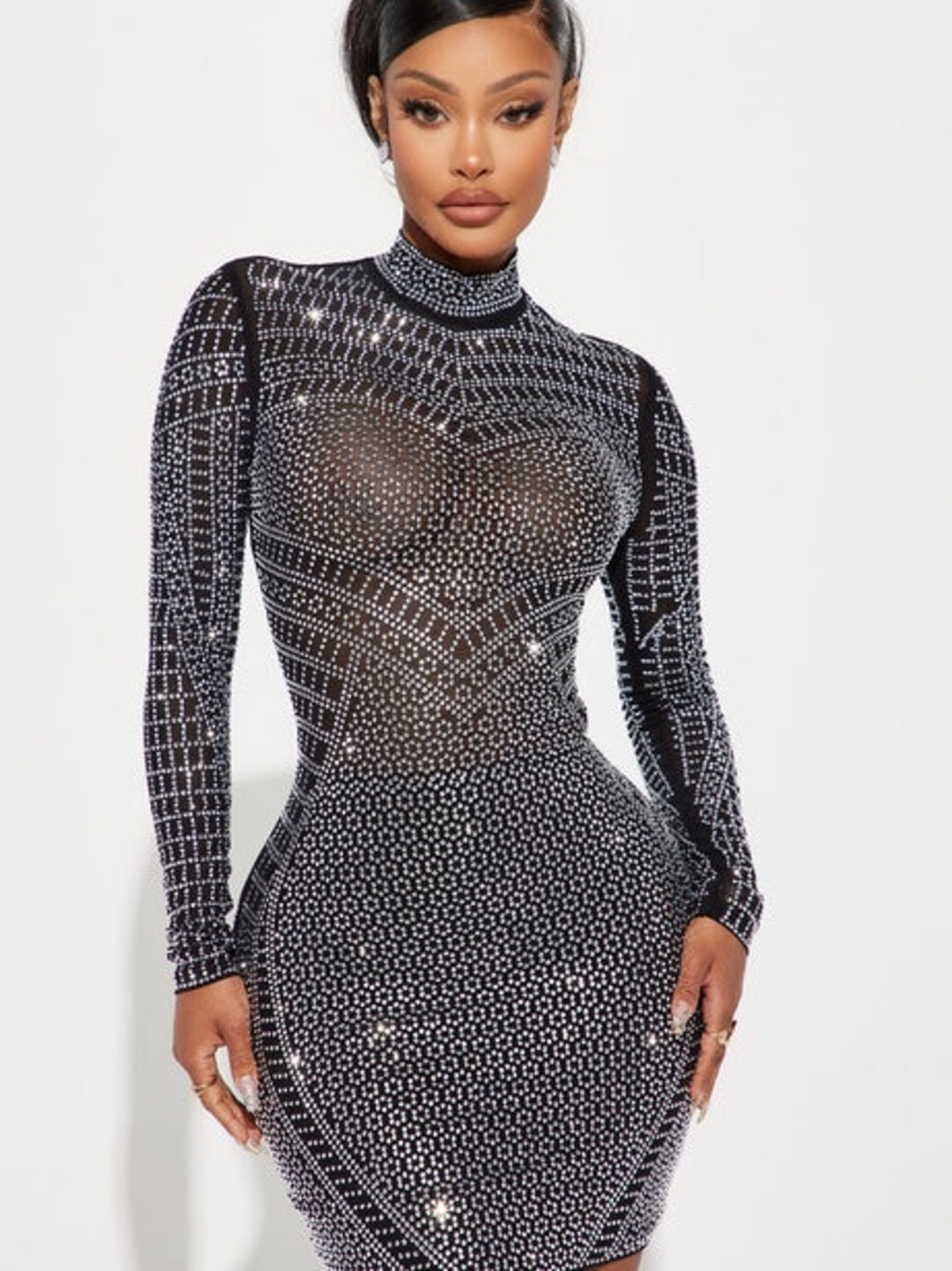 Fashion Nova Black Rhinestone Sheer Mini Dress